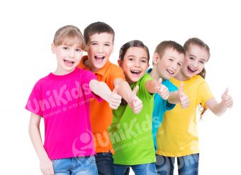 Group of happy kids with thumb up sign. Group of happy kids with thumb up sign in colorful t-shirts standing together - isolated on white.